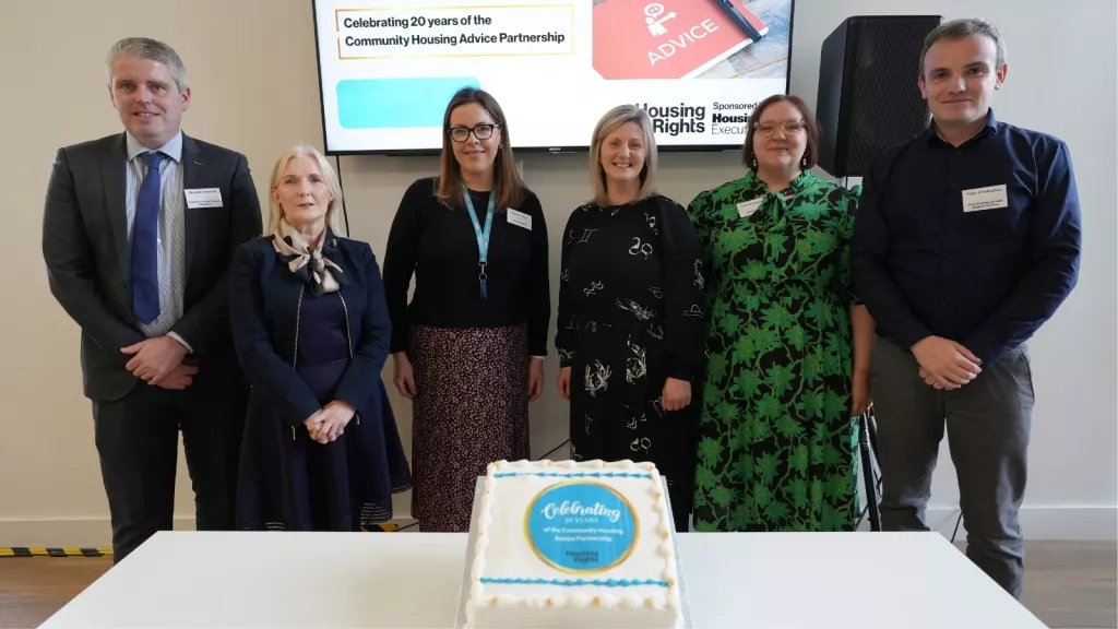 Richard Tanswell (NIHE) Margaret Kelly (NI Public Services Ombudsman), Kate McCauley (Housing Rights), Grainia Long (NIHE Chief Executive), Faith Westwood (Housing Rights), Peter O'Callaghan (First Housing Aid and Support Services pictured at the event