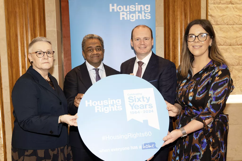 Rose Crozier, Housing Rights Chair, Mr Balakrishnan Rajagopal, Minister for Communities Gordon Lyons MLA, Kate McCauley Housing Rights CEO