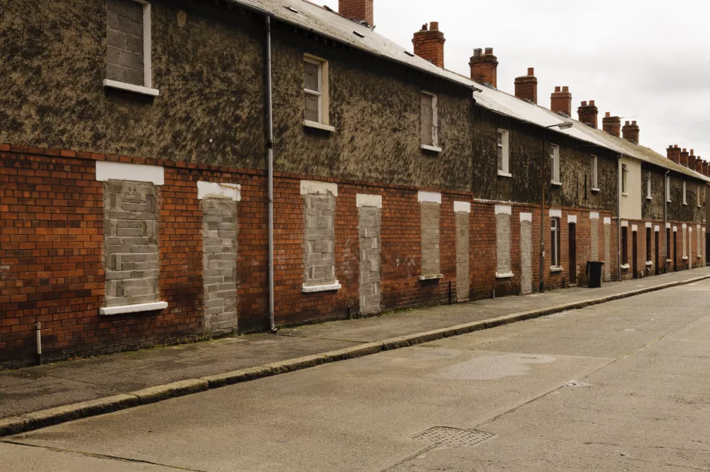 Image of boarded up terraced houses in Northern Ireland